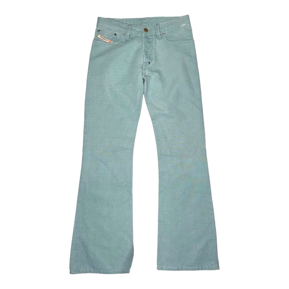 Y2K Diesel Light Aqua Green Linen Cotton Low Rise Flare Trouser Pants Size 27